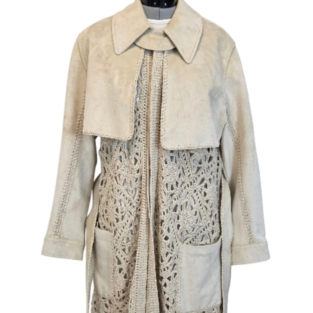 Jonathan Simkhai Yani Combo crochet and suede trench coat With Fringes, Beige M - Picture 9 of 16